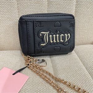 NEW Juicy Couture Black Liquid Gold Logo Small Square Zip Card Case Chain Wallet